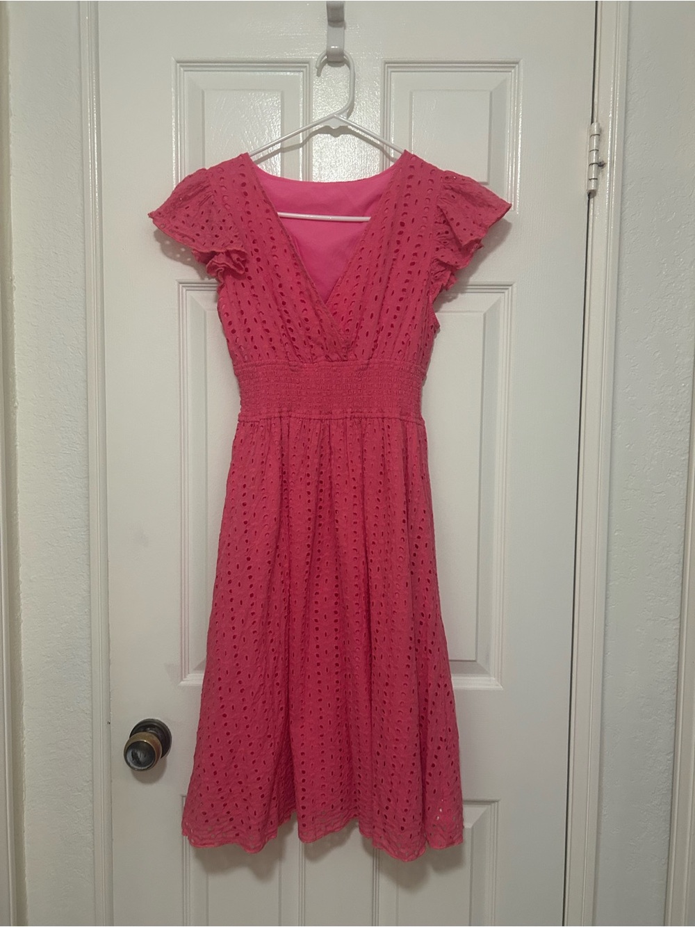 Women's Pink Eyelet Midi Dress - V-Neck, Smocked Waist